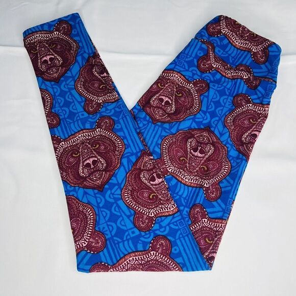 LulaRoe OS Leggings Maroon Mosaic Bears X Unicorn On A Blue Background 0666 - Picture 1 of 4